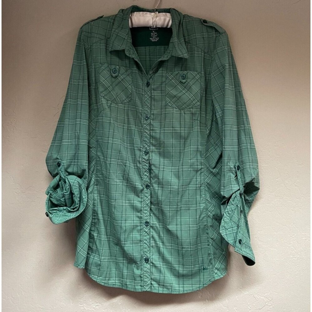 Rei Top Womens Green Plaid Roll-Tab Sleeve Mesh Shirt XL Pockets Stretch Outdoor
